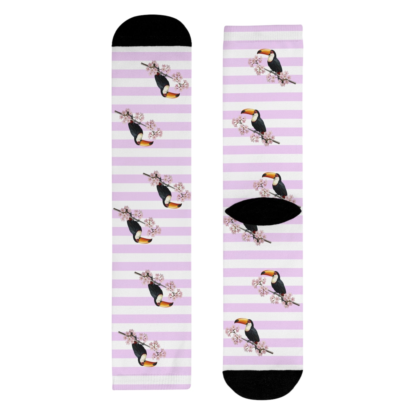Tukan Socken mit – Kirschblüten | Weiß Rosa gestreifte Vogelmotiv Strümpfe