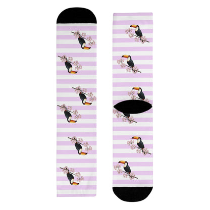 Tukan Socken mit – Kirschblüten | Weiß Rosa gestreifte Vogelmotiv Strümpfe