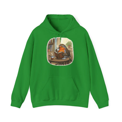 Rotkehlchen liest Bücher und trinkt Kaffee Vogel Hoodie - Kapuzenpullover für Vogelbeobachter mit Vogelmotiv