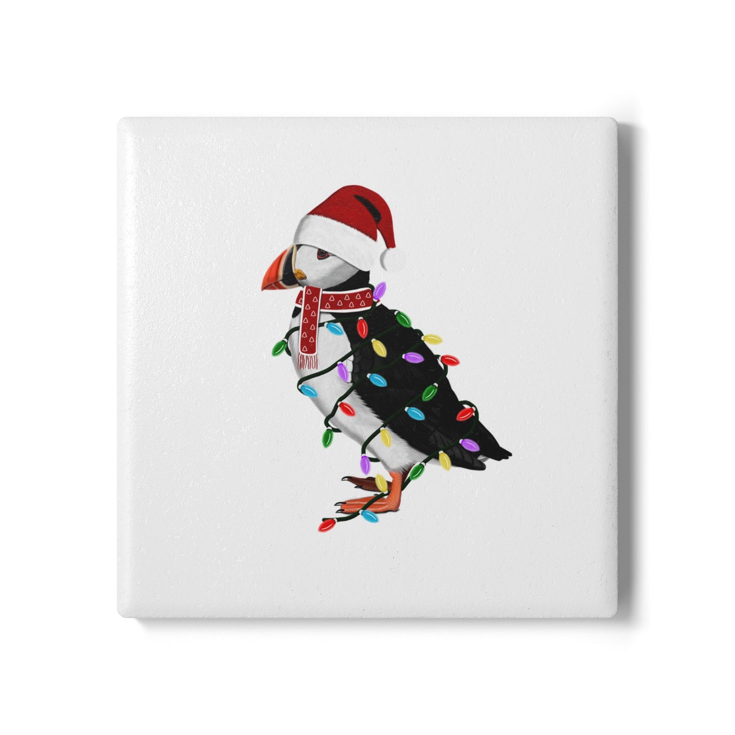 Keramik-Untersetzer Papageitaucher als Weihnachtsmann mit Lichterkette Weihnachtliches Vogel-Motiv