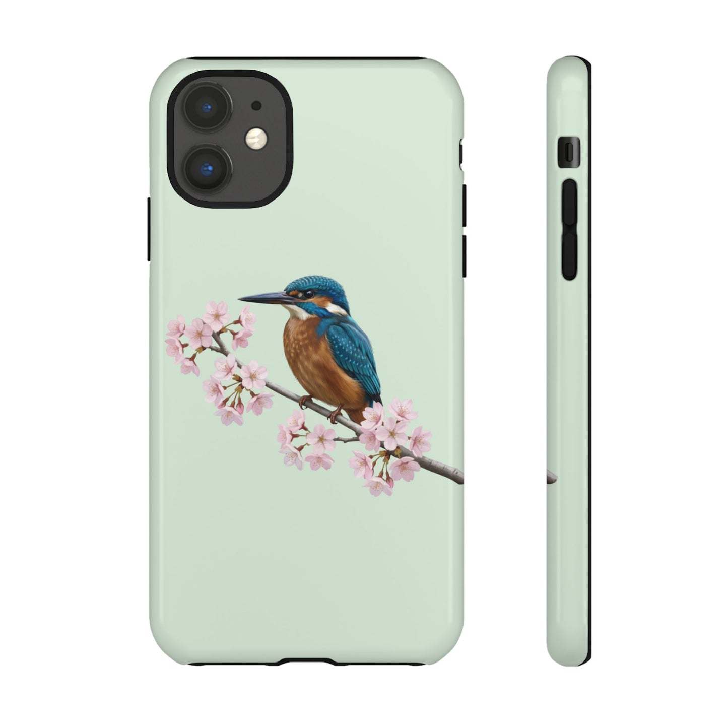 Eisvogel Handyhülle – in Salbeigrün | Florales Kirschblüten Vogel-Motiv für iPhone & Google Pixel