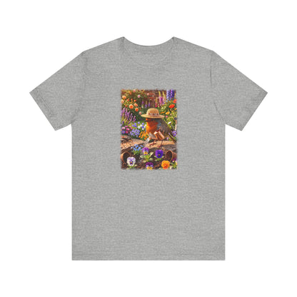 Niedliches Rotkehlchen T-Shirt beim Blumen gießen | Gemütliches Garten-Motiv