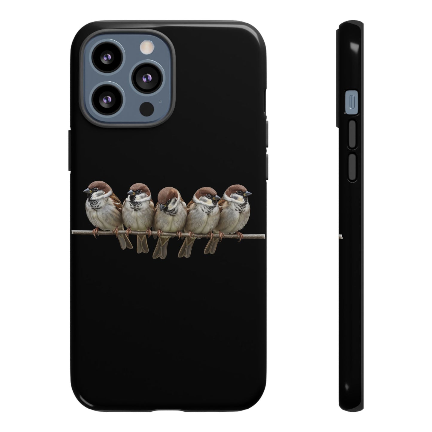Feldsperlinge auf einem Ast Premium Handyhülle – Doppelt Geschützt & Rundum Bedruckt Schwarz
