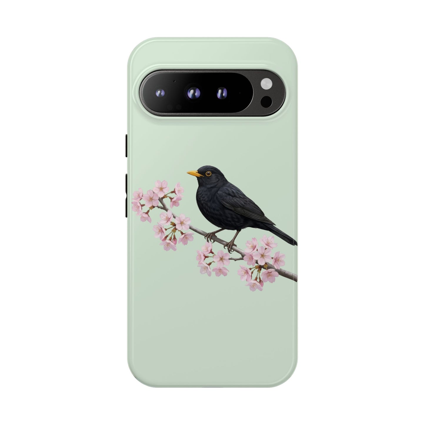 Amsel Handyhülle in Salbeigrün | Florales Kirschblüten Vogel-Motiv für iPhone & Google Pixel