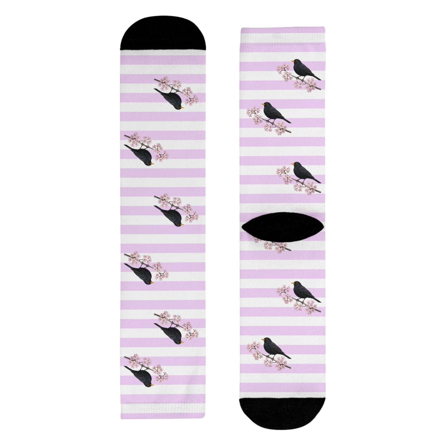 Amsel Socken – mit Kirschblüten | Weiß Rosa gestreifte Vogelmotiv Strümpfe
