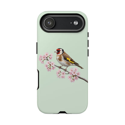 Stieglitz Handyhülle in Salbeigrün | Florales Kirschblüten Vogel-Motiv für iPhone & Google Pixel