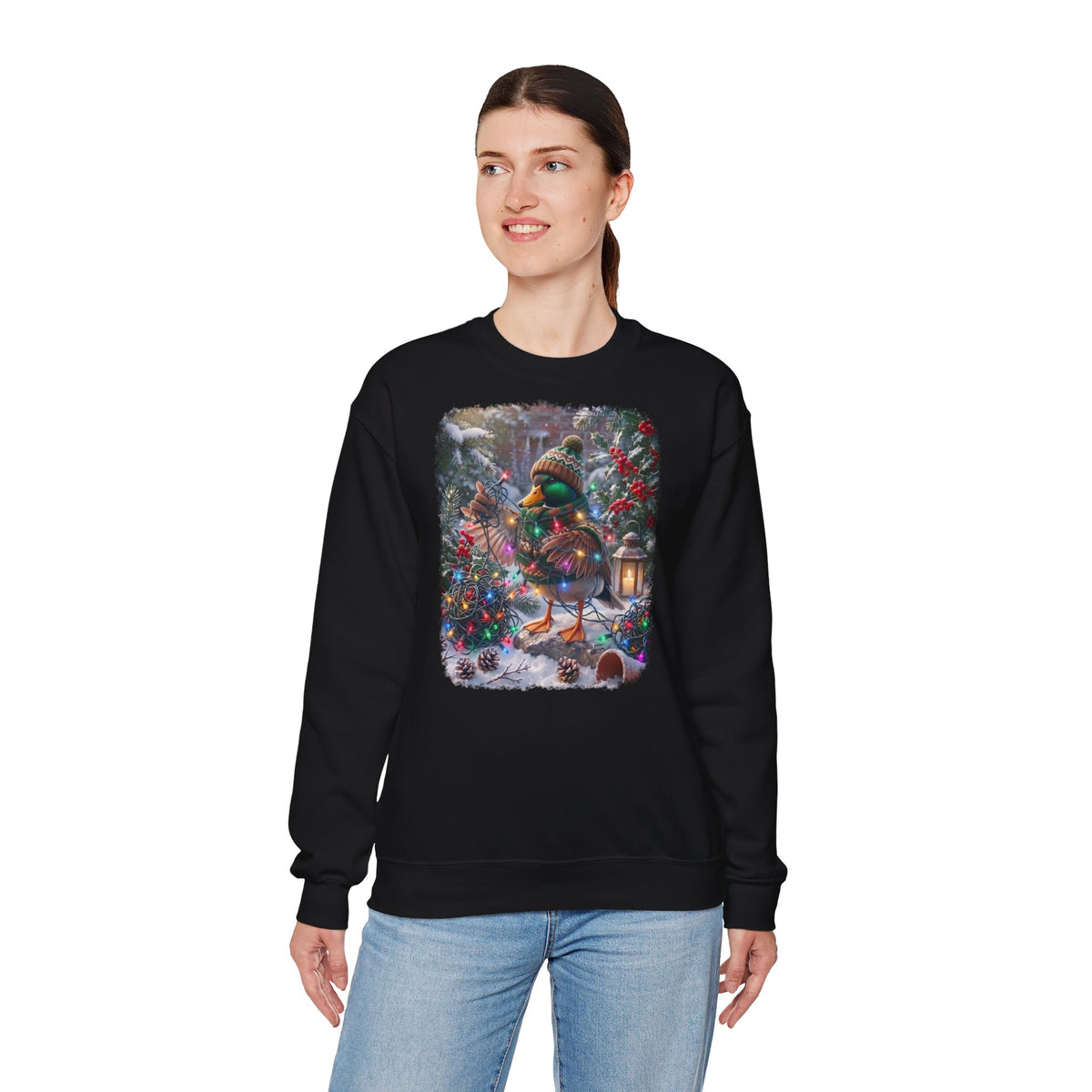 Premium Sweatshirt Ente und die Lichterkette im winterlichen Garten für Vogelfreunde