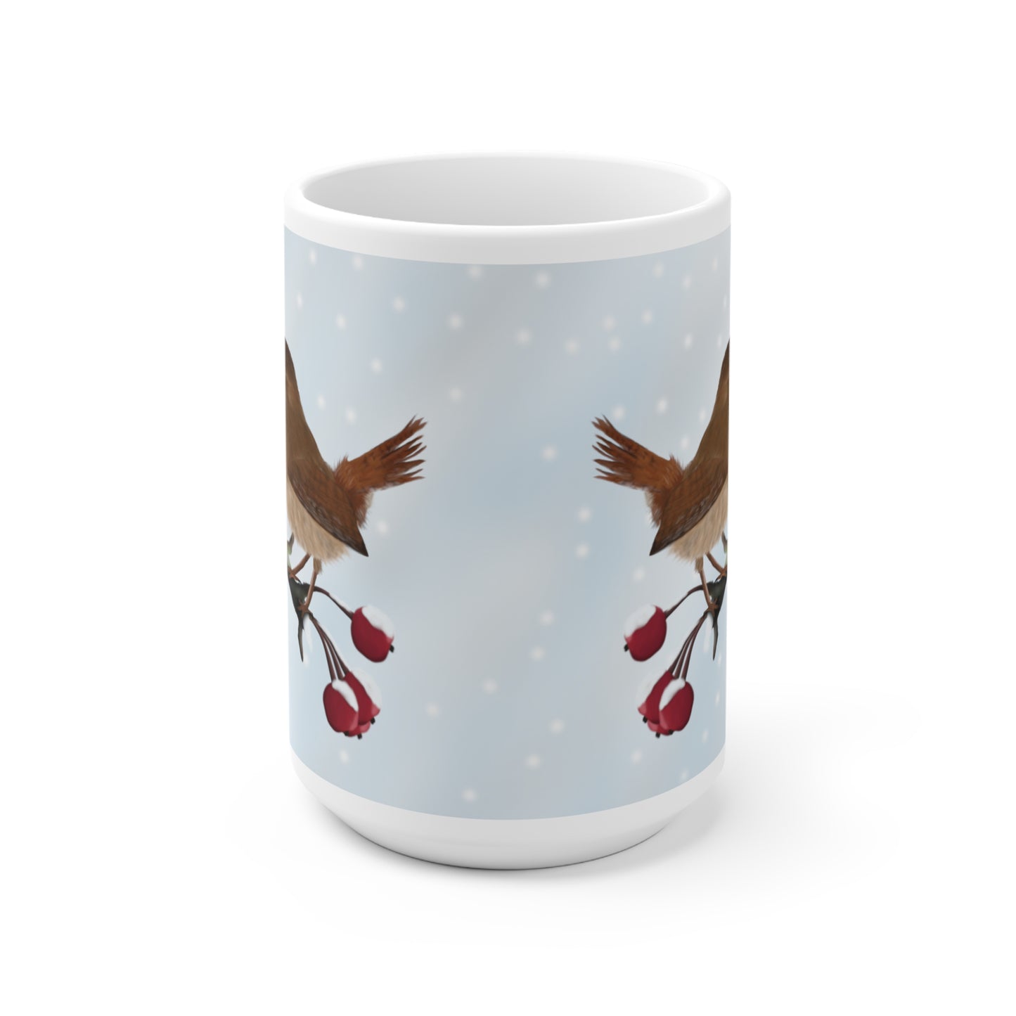 Zaunkönig auf einem Ast im Winter Weihnachten Schnee Vogel Tasse