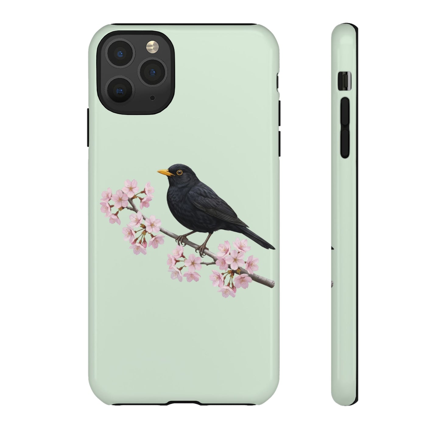 Amsel Handyhülle in Salbeigrün | Florales Kirschblüten Vogel-Motiv für iPhone & Google Pixel – animal lover,