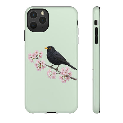 Amsel Handyhülle in Salbeigrün | Florales Kirschblüten Vogel-Motiv für iPhone & Google Pixel – animal lover,