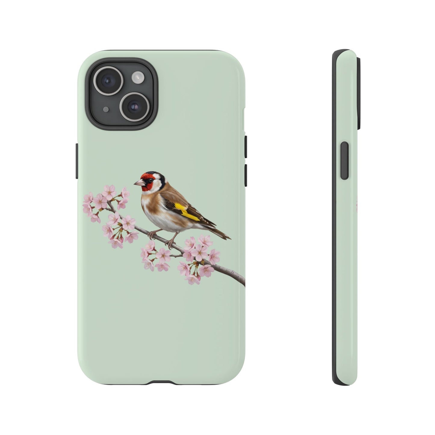 Stieglitz Handyhülle in Salbeigrün | Florales Kirschblüten Vogel-Motiv für iPhone & Google Pixel