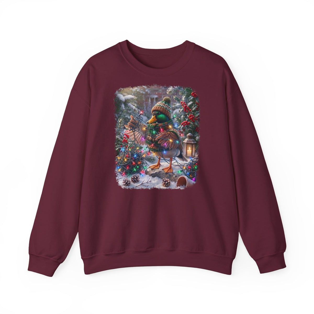 Premium Sweatshirt Ente und die Lichterkette im winterlichen Garten für Vogelfreunde