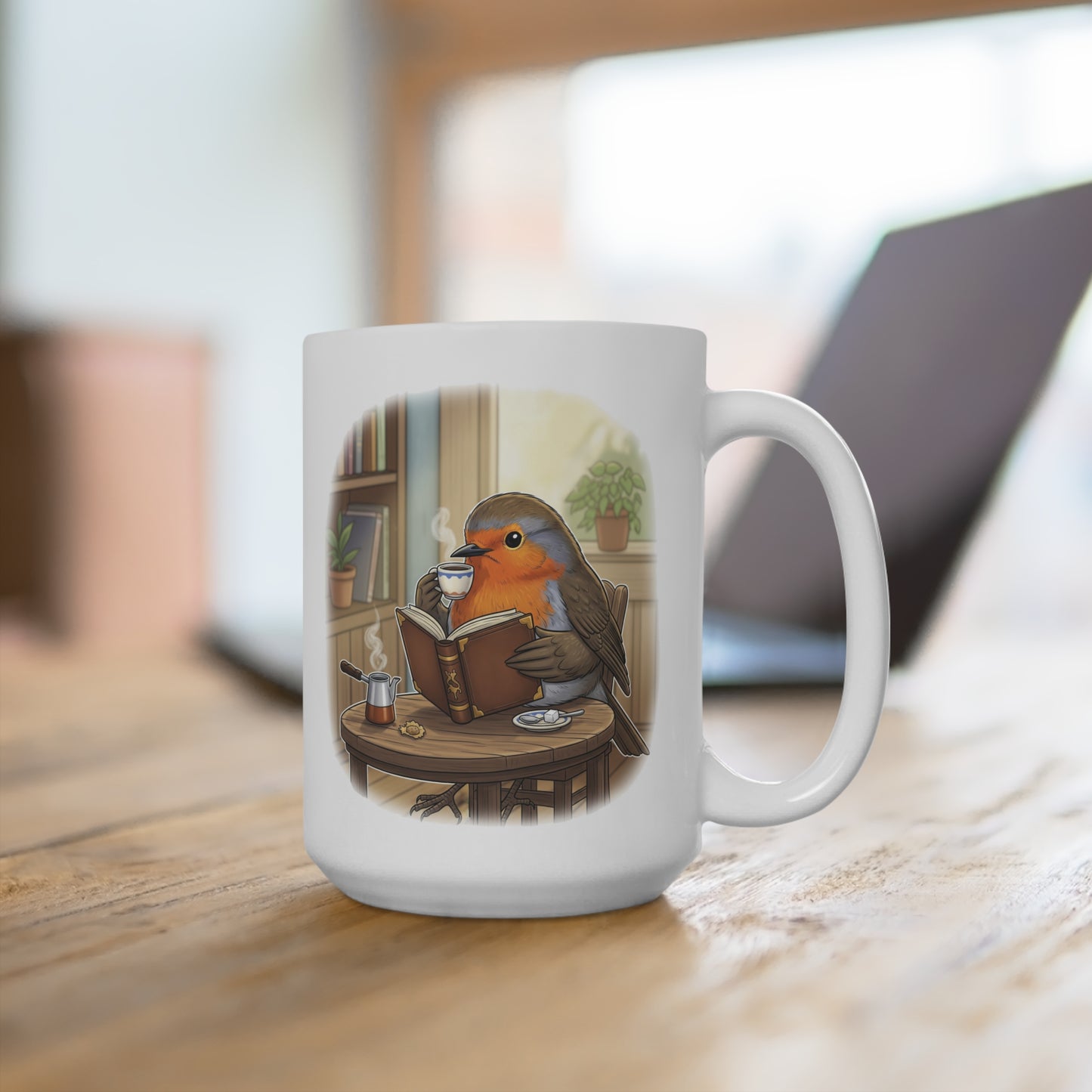 Rotkehlchen liest Bücher und trinkt Kaffee Vogel Tasse Weiß für Vogelbeobachter