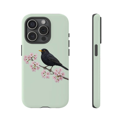 Amsel Handyhülle in Salbeigrün | Florales Kirschblüten Vogel-Motiv für iPhone & Google Pixel