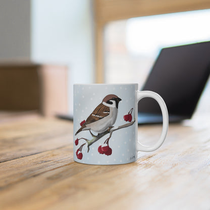 Feldsperling auf einem Ast im Winter Weihnachten Schnee Vogel Tasse