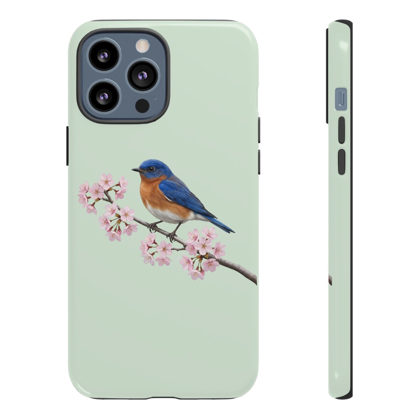 Rotkehl-Hüttensänger Handyhülle in Salbeigrün | Florales Kirschblüten Vogel-Motiv für iPhone & Google Pixel