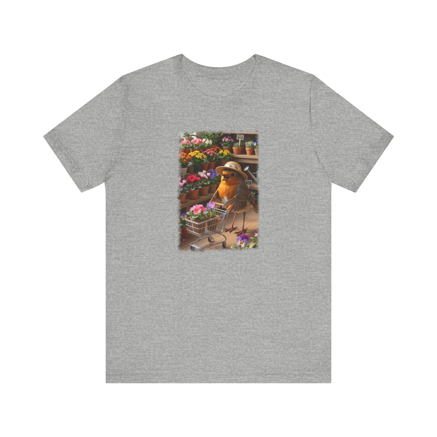 Lustiges Rotkehlchen T-Shirt mit vollem Blumen-Einkaufswagen | Niedliches Pflanzen-Motiv