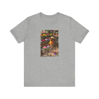 Lustiges Rotkehlchen T-Shirt mit vollem Blumen-Einkaufswagen | Niedliches Pflanzen-Motiv