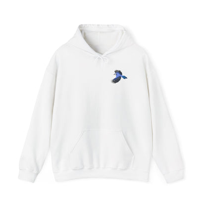 Blauhäher (Blue Jay) Hoodie – Kapuzenpullover mit kleinem Vogelmotiv im Flug