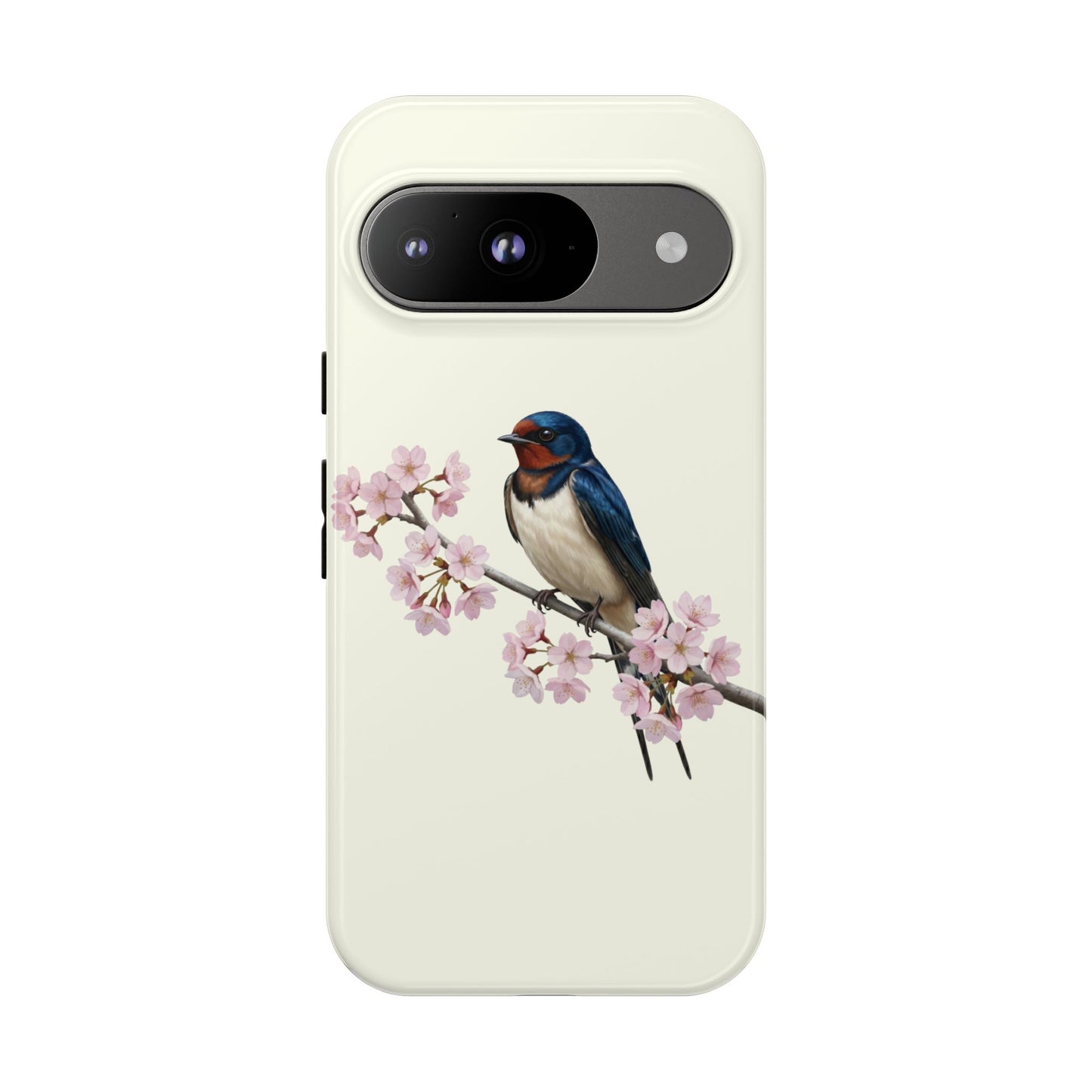 Rauchschwalbe Handyhülle in Cremeweiß | Florales Kirschblüten Vogel-Motiv für iPhone & Google Pixel