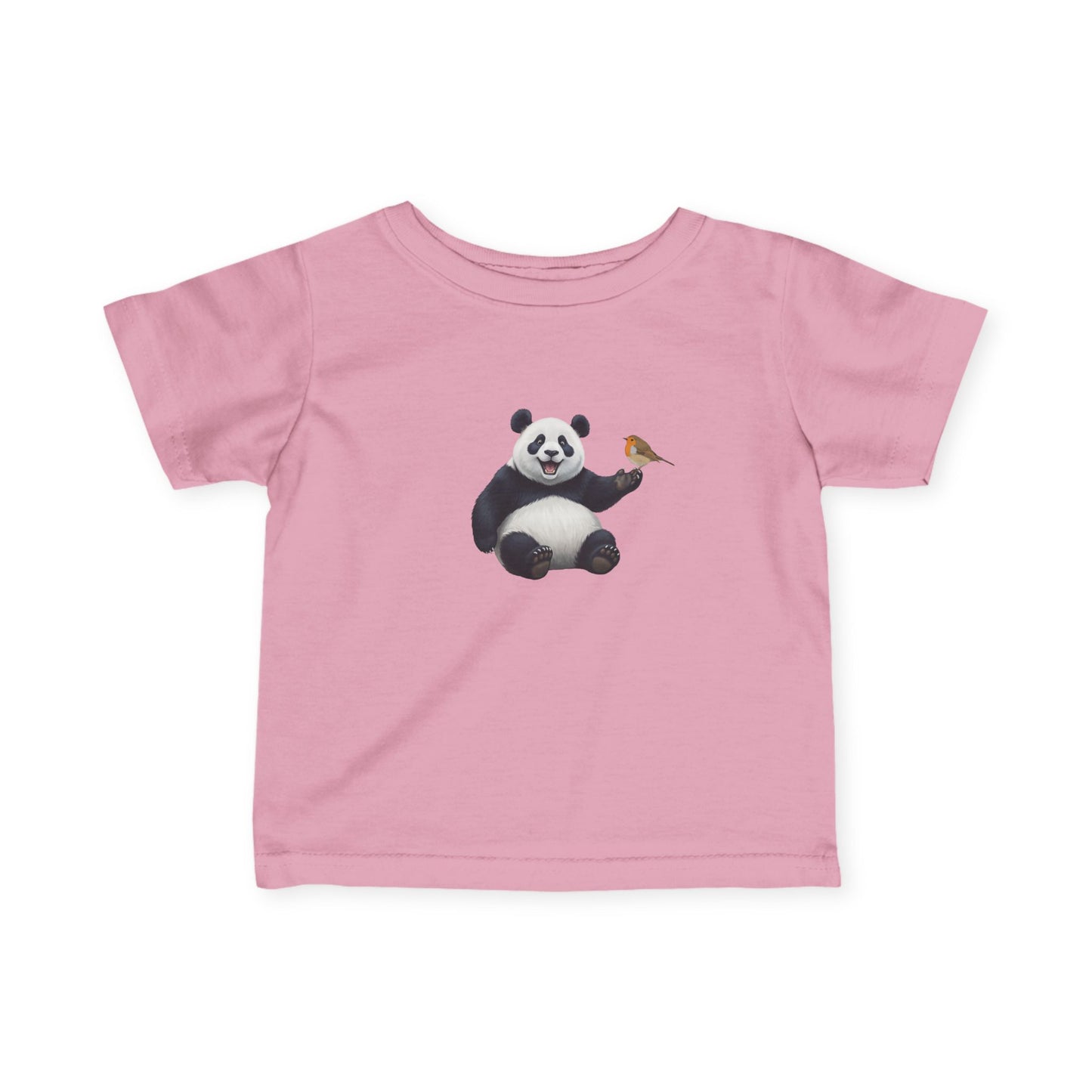 Fröhlicher Panda mit Rotkehlchen Vogel Tiermotiv T-Shirt für Babys und Kleinkinder