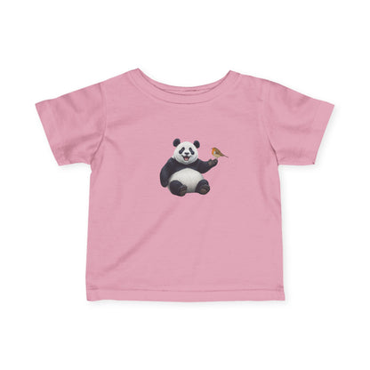 Fröhlicher Panda mit Rotkehlchen Vogel Tiermotiv T-Shirt für Babys und Kleinkinder