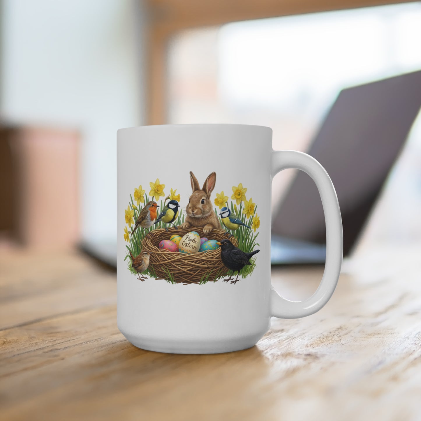Kaninchen Rotkehlchen Amsel am Nest mit Osterglocken Tasse - Oster-Geschenk für Vogelfreunde