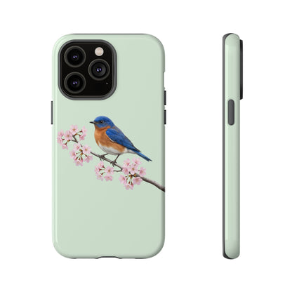 Rotkehl-Hüttensänger Handyhülle in Salbeigrün | Florales Kirschblüten Vogel-Motiv für iPhone & Google Pixel