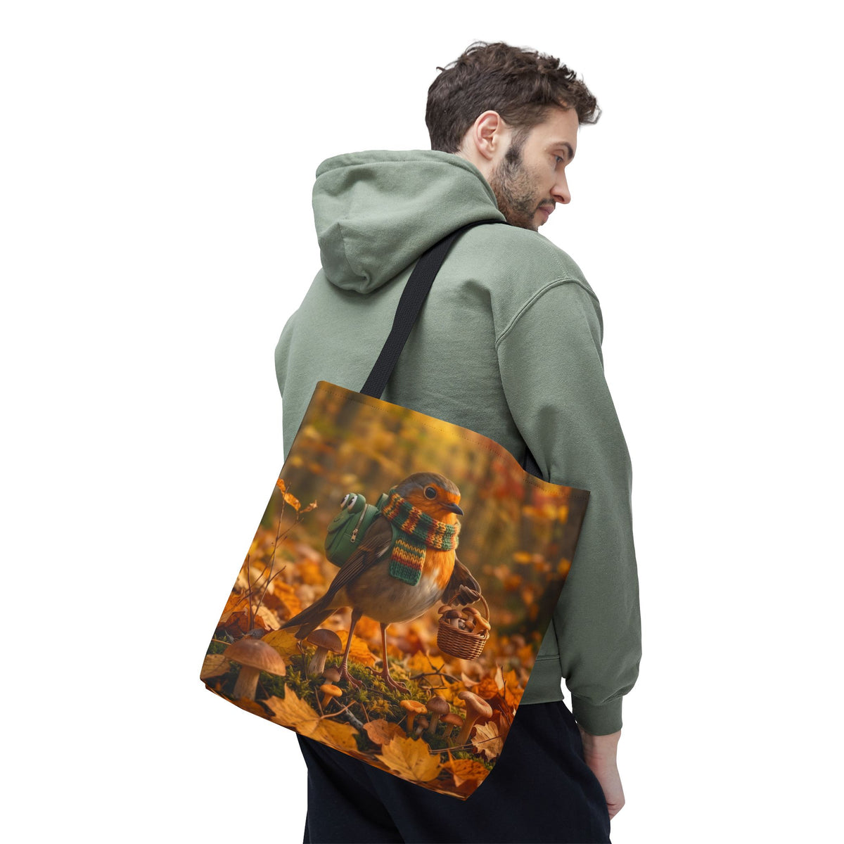 Tragetasche Rosi Rotkehlchen sammelt Pilze | Herbst Stofftasche für Vogelfreunde und Vogelbeobachter