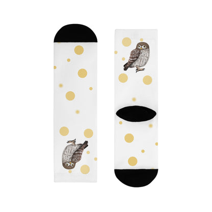 Eule Vogel Socken mit Goldenen Punkten für Vogelfreunde & Vogelbeobachter Weiß