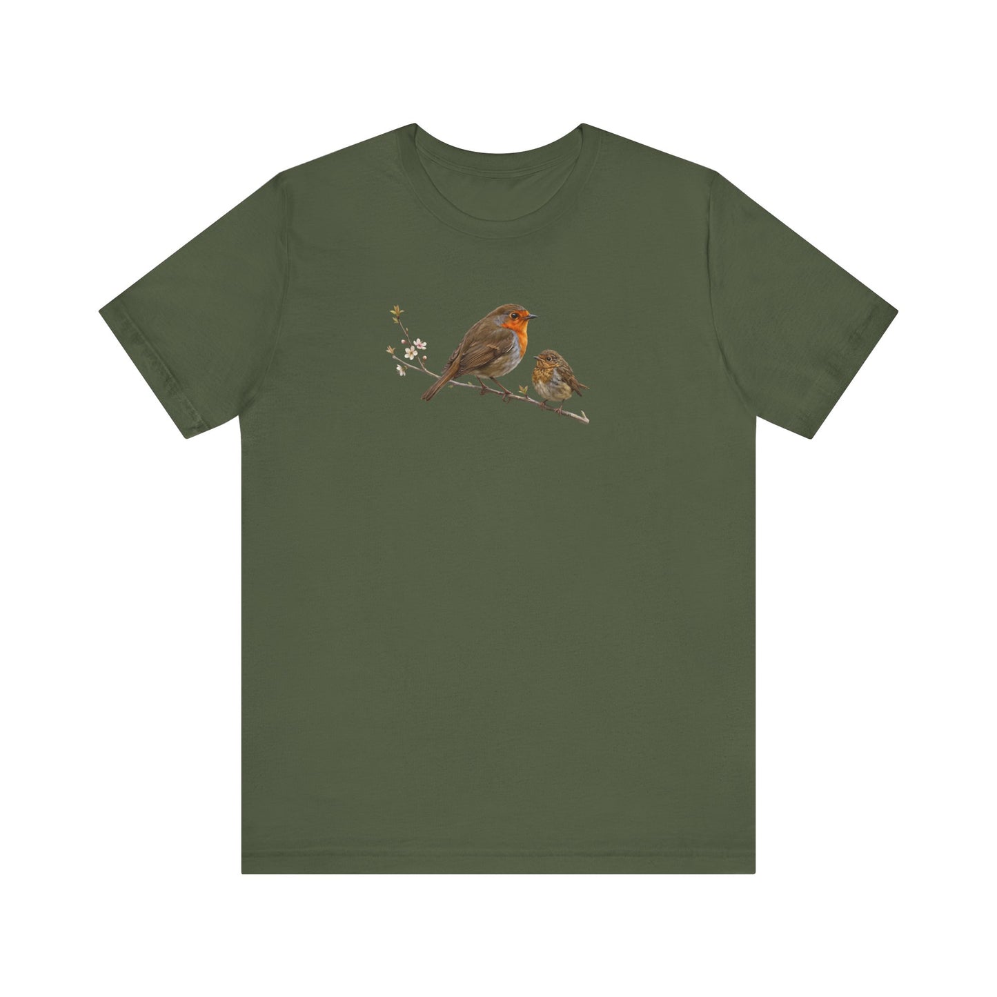 Rotkehlchen & Jungvogel T-Shirt | Frühlingsblüten Vogelmotiv für Vogelbeobachter