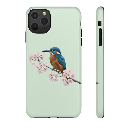 Eisvogel Handyhülle in Salbeigrün | Florales Kirschblüten Vogel-Motiv für iPhone & Google Pixel – animal lover,