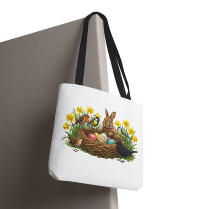 Robuste Einkaufstasche Frühling: Kaninchen, Amsel, Rotkehlchen & Meisen am Osternest | 40x40cm Shopper