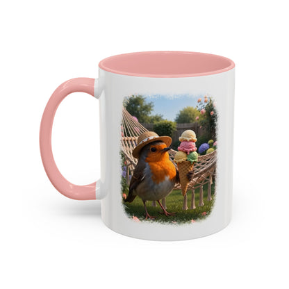 Keramiktasse Rosi Rotkehlchen und das Riesen-Eis im Garten – Kaffeebecher mit farbigem Henkel (330 ml)