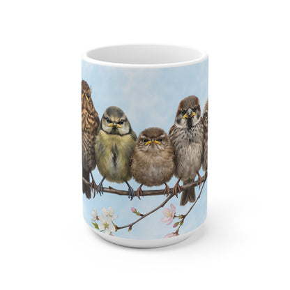 Amsel Rotkehlchen Eule Ästlinge Premium Keramiktasse | Geschenk für Vogelbeobachter