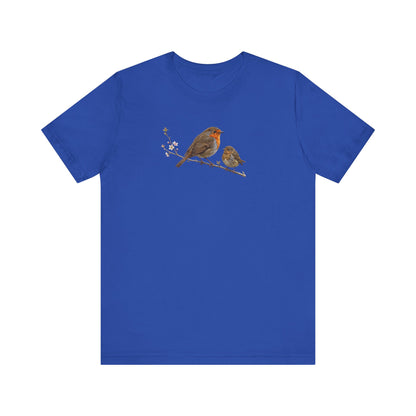Rotkehlchen & Jungvogel T-Shirt | Frühlingsblüten Vogelmotiv für Vogelbeobachter