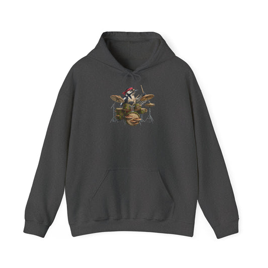 Grauer Buntspecht Hoodie für Damen und Herren mit gemaltem Vogel-Motiv am Schlagzeug (Sigi Specht / Drummer) – Musik Kapuzenpullover