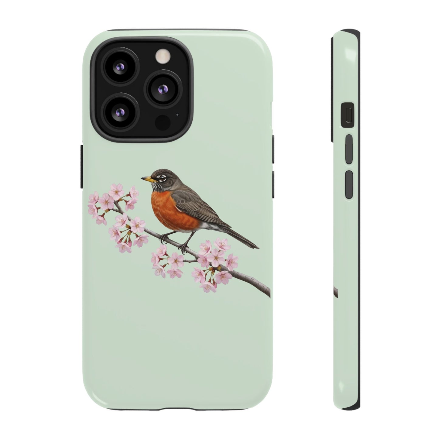 Wanderdrossel Handyhülle in Salbeigrün | Florales Kirschblüten Vogel-Motiv für iPhone & Google Pixel