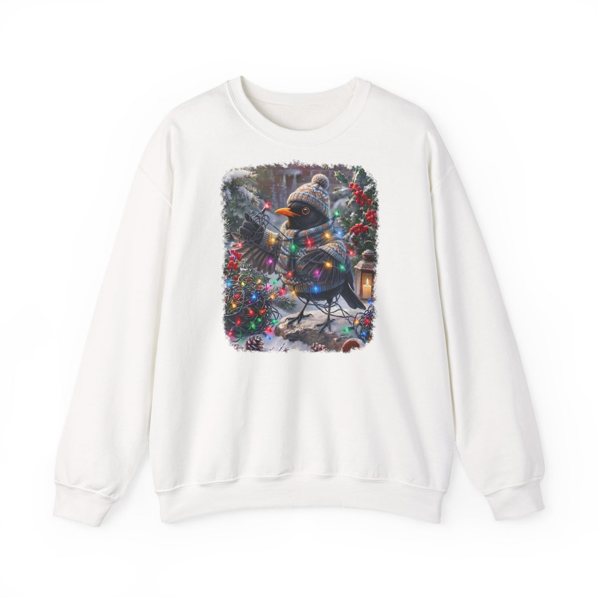 Premium Sweatshirt Amsel und die Lichterkette im winterlichen Garten für Vogelfreunde