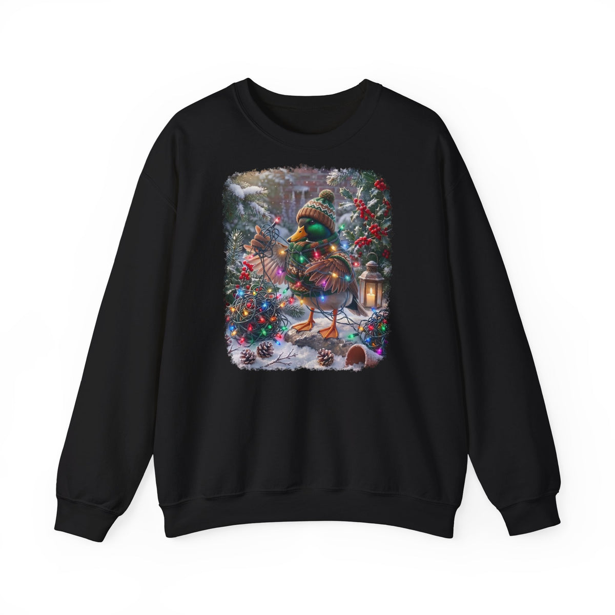 Premium Sweatshirt Ente und die Lichterkette im winterlichen Garten für Vogelfreunde