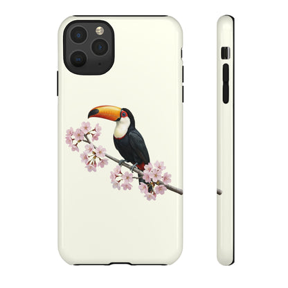 Tukan Handyhülle in Cremeweiß | Florales Kirschblüten Vogel-Motiv für iPhone & Google Pixel – animal lover,