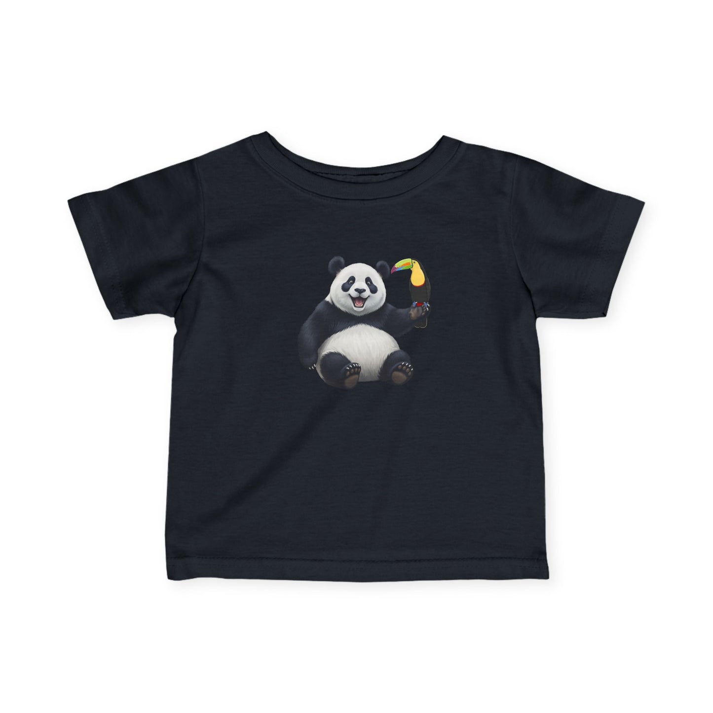 Fröhlicher Panda mit Tukan Vogel Tiermotiv T-Shirt für Babys und Kleinkinder