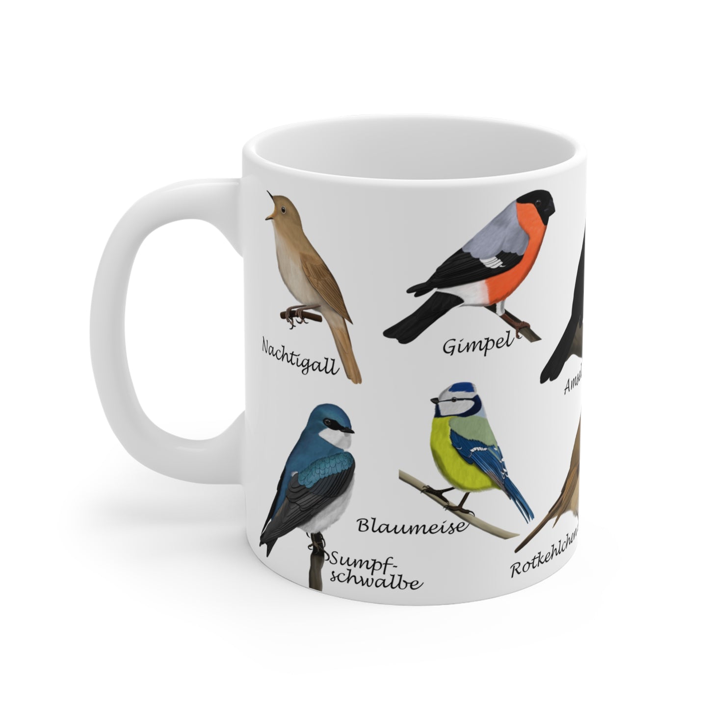 Gartenvögel Amsel Rotkehlchen Blaumeise Zaunkönig Gimpel Vogel Tasse