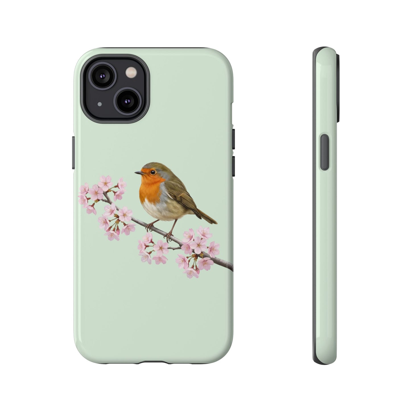 Rotkehlchen Handyhülle in Salbeigrün | Florales Kirschblüten Vogel-Motiv für iPhone & Google Pixel