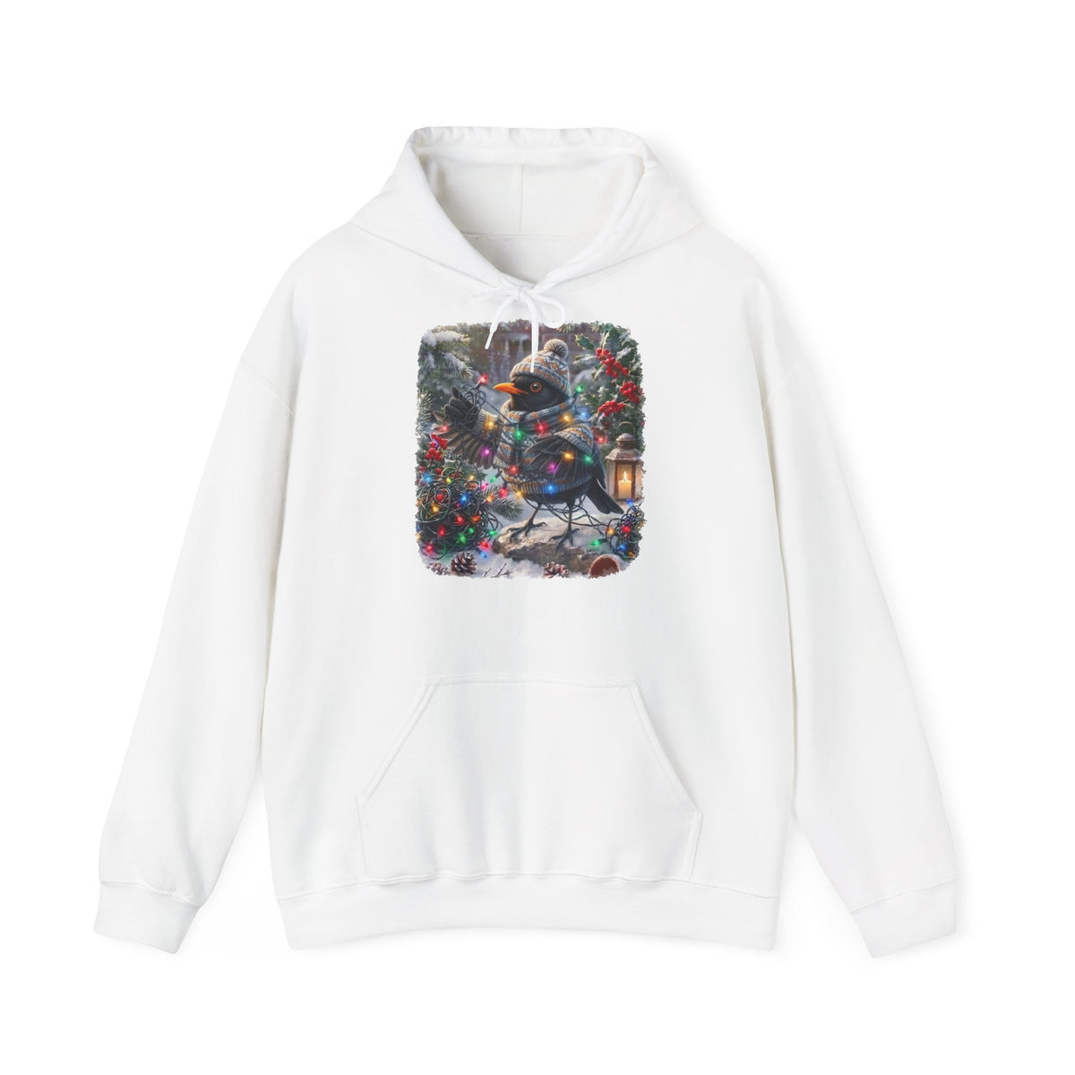 Premium Hoodie Amsel und die Lichterkette im winterlichen Garten für Vogelbeoachter