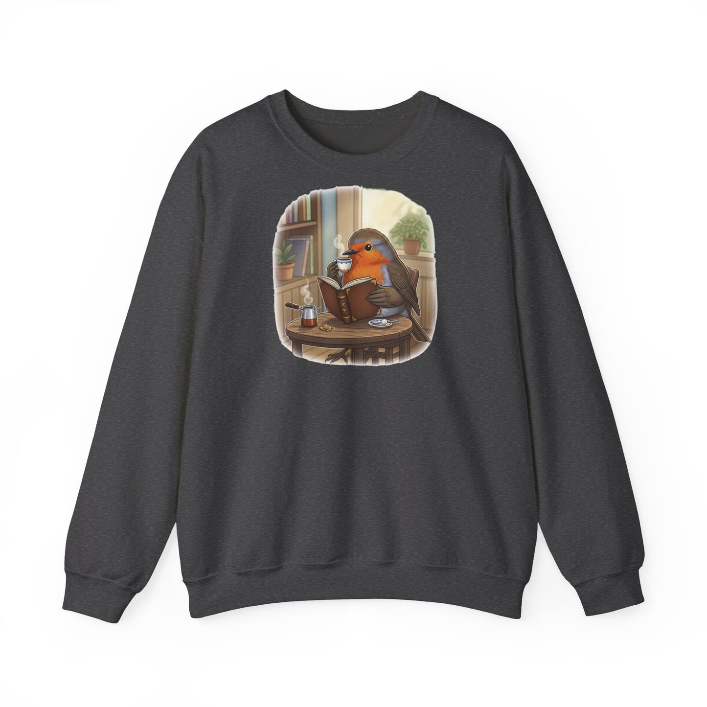 Rotkehlchen liest Bücher und trinkt Kaffee Vogel Sweatshirt für Vogelbeobachter