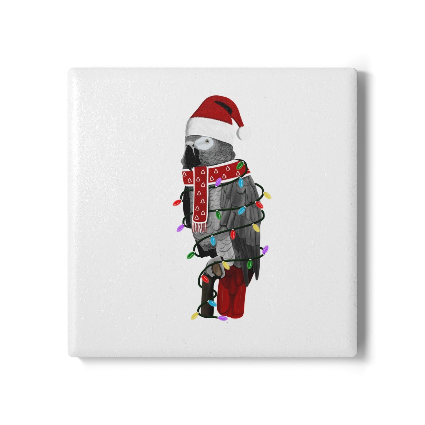 Keramik-Untersetzer Graupapagei als Weihnachtsmann mit Lichterkette Weihnachtliches Vogel-Motiv