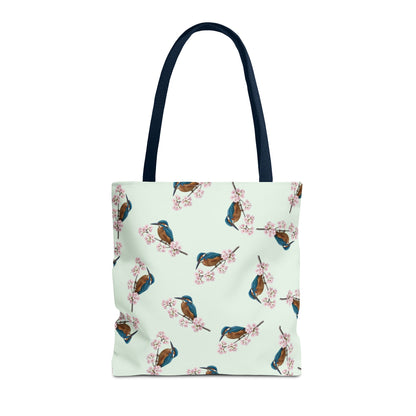 Eisvogel & Kirschblüten Tragetasche in Salbeigrün | Stofftasche Geschenk für Vogelbeobachter – Accessories,
