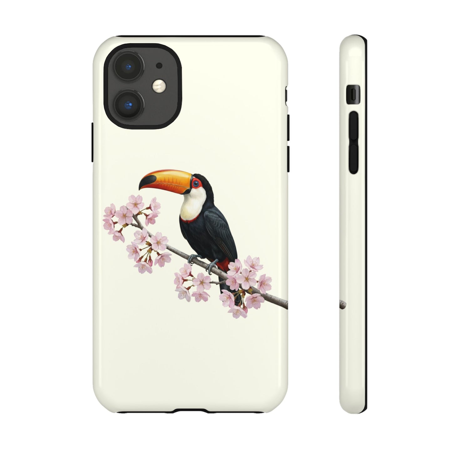 Tukan Handyhülle in – Cremeweiß | Florales Kirschblüten Vogel-Motiv für iPhone & Google Pixel