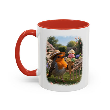 Keramiktasse Rosi Rotkehlchen und das Riesen-Eis im Garten – Kaffeebecher mit farbigem Henkel (330 ml)